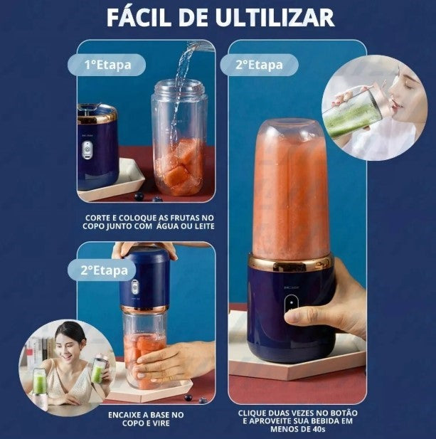 Liquidificador Portátil Elétrico 2 em 1 com USB para Sucos e Milkshakes