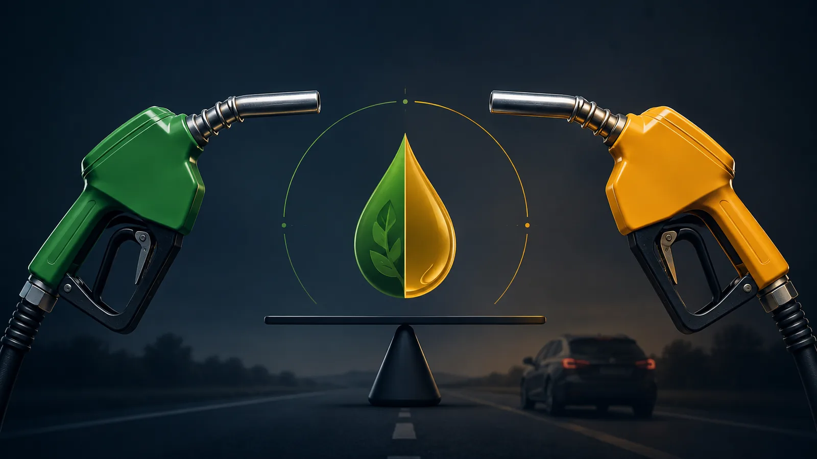 Two fuel nozzles, one green and one orange, facing a balance scale with a split ethanol-and-gasoline drop, with a car driving on a road in the background.