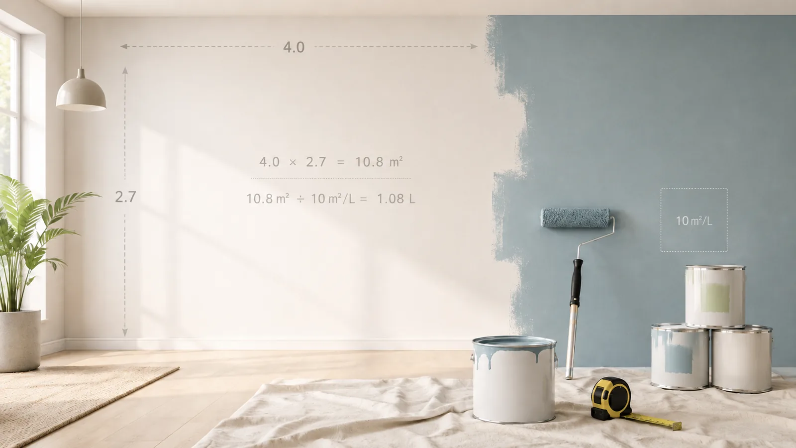 Interior de una habitación con una pared pintándose en azul claro, un rodillo y latas de pintura en el suelo, además de medidas y cálculos numéricos en la pared para ilustrar cómo calcular la cantidad