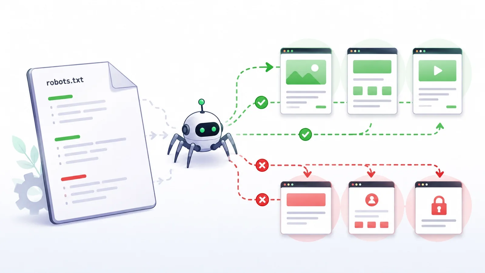 robots.txt file guiding a crawler between allowed pages in green and blocked pages in red.