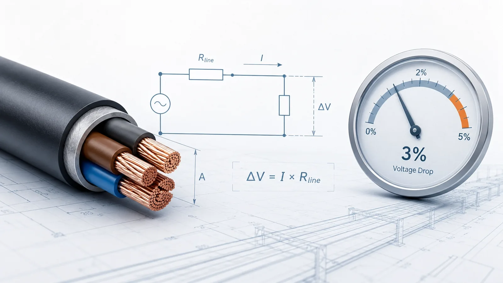 Copper electrical cable beside a circuit diagram and gauge showing a 3% voltage drop.
