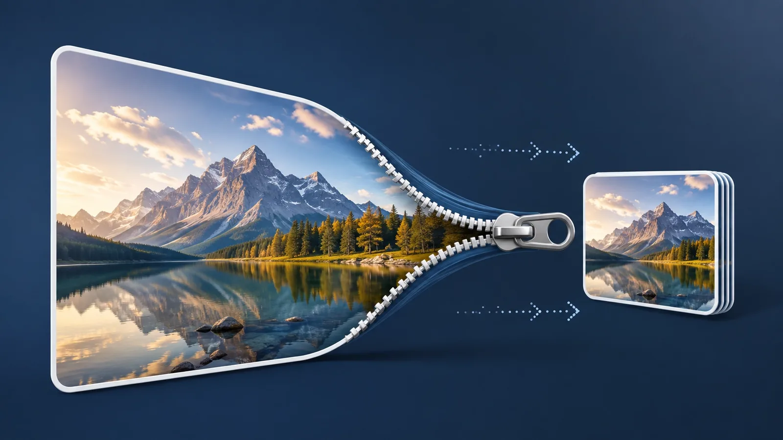Landscape photo compressed by a zipper into a smaller version while preserving the same visual quality.
