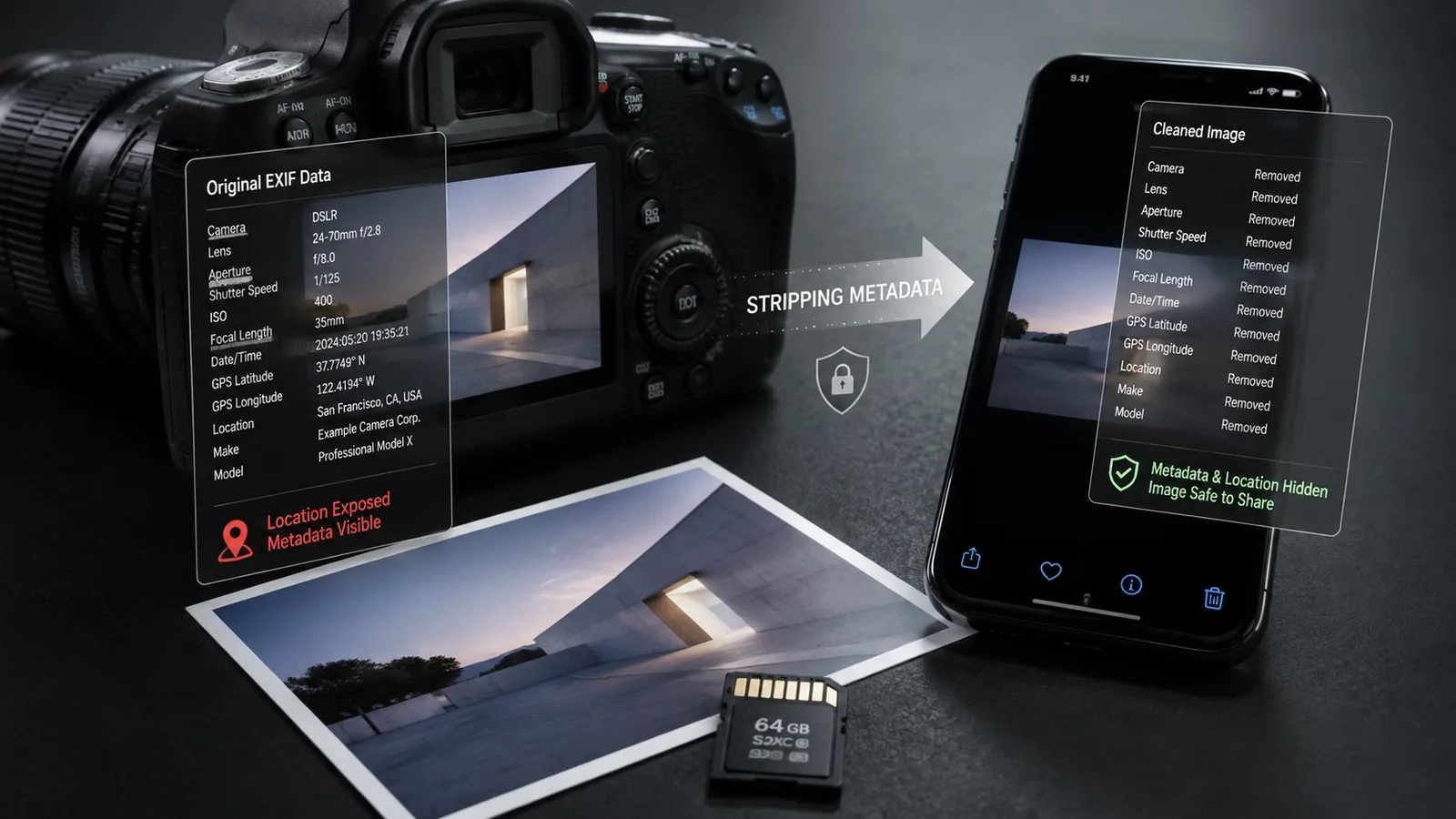 Camera, phone and printed photo comparing visible EXIF and GPS data with removed metadata.