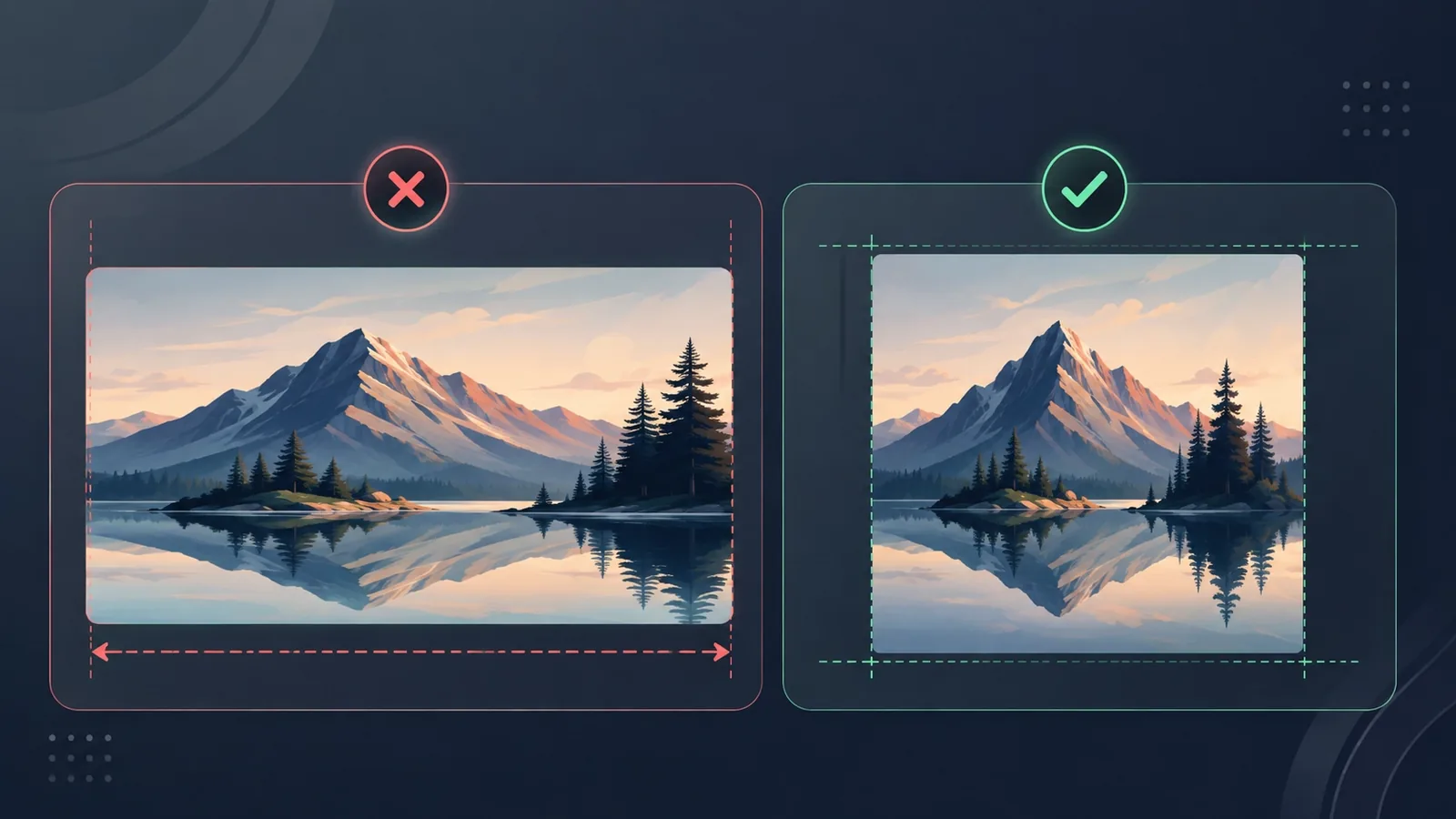 Comparação entre uma imagem de paisagem deformada horizontalmente, marcada com um X vermelho, e a mesma imagem redimensionada com a proporção correta, marcada com um check verde.